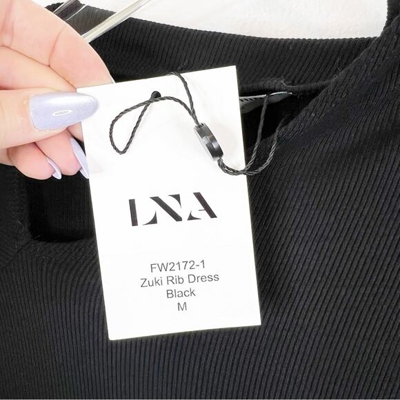 NWT LNA Zuki Rib Bodycon Asymmetrical Neck Mini Dress M Black - Picture 7 of 7